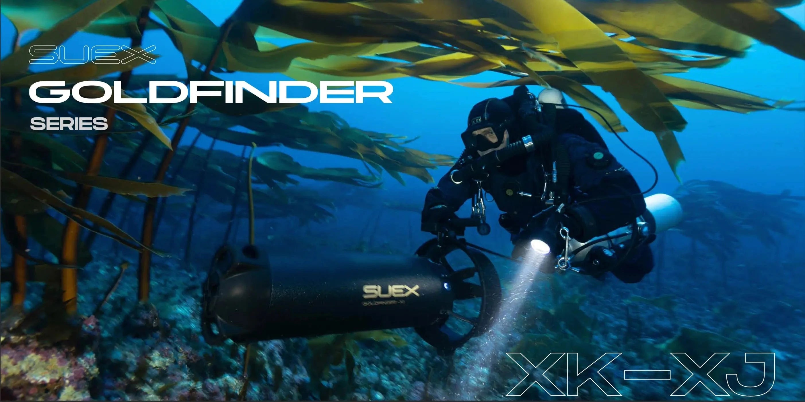 Goldfinder Series underwater diver with SUEX XK-XJ scooter.