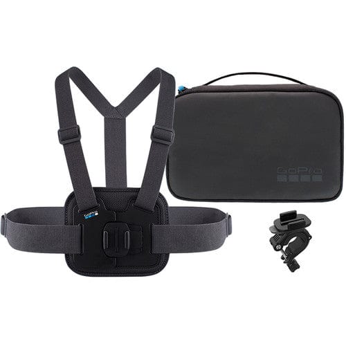 GoPro chest mount, case, and wrist strap.