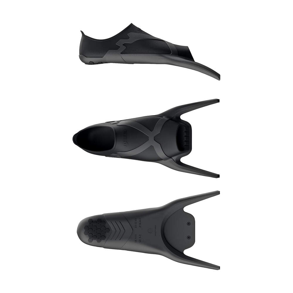 Three black swim fins.