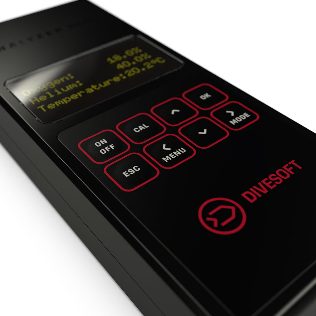 Black electronic device with display and red buttons.
