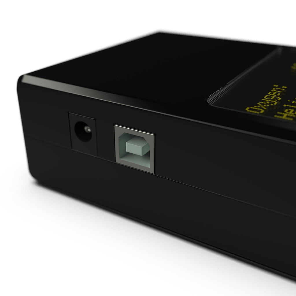 Black electronic device with USB and power ports.