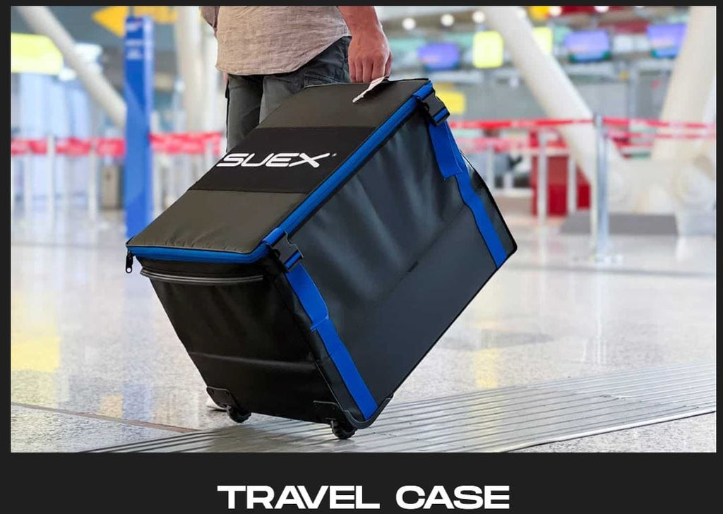 Travel case with wheels being pulled through airport