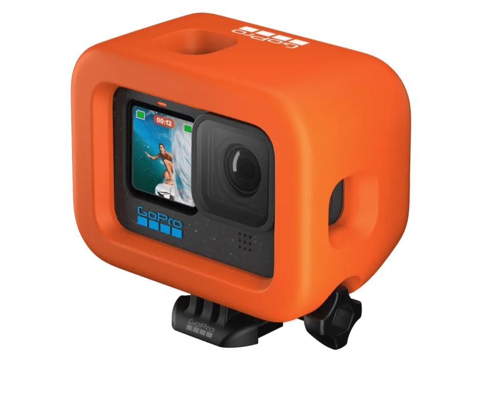 GoPro camera in orange floaty case