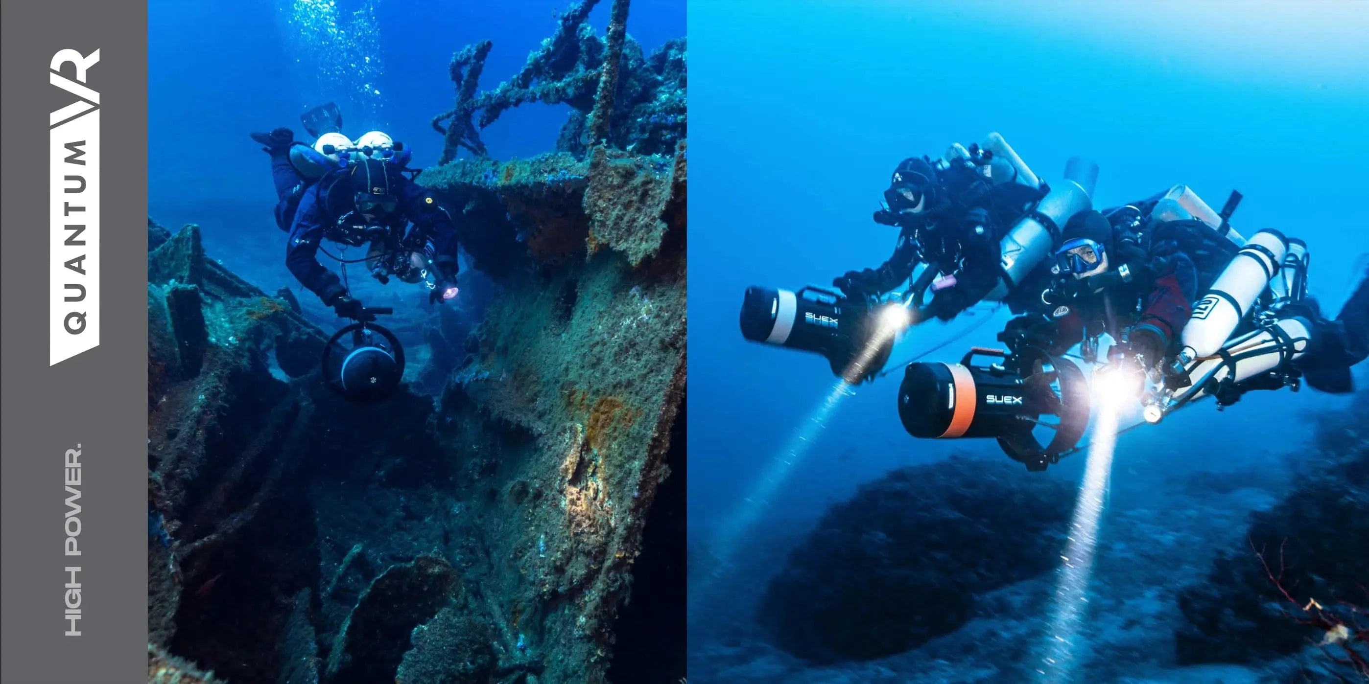 High-power Quantum VR divers exploring underwater wreckage.