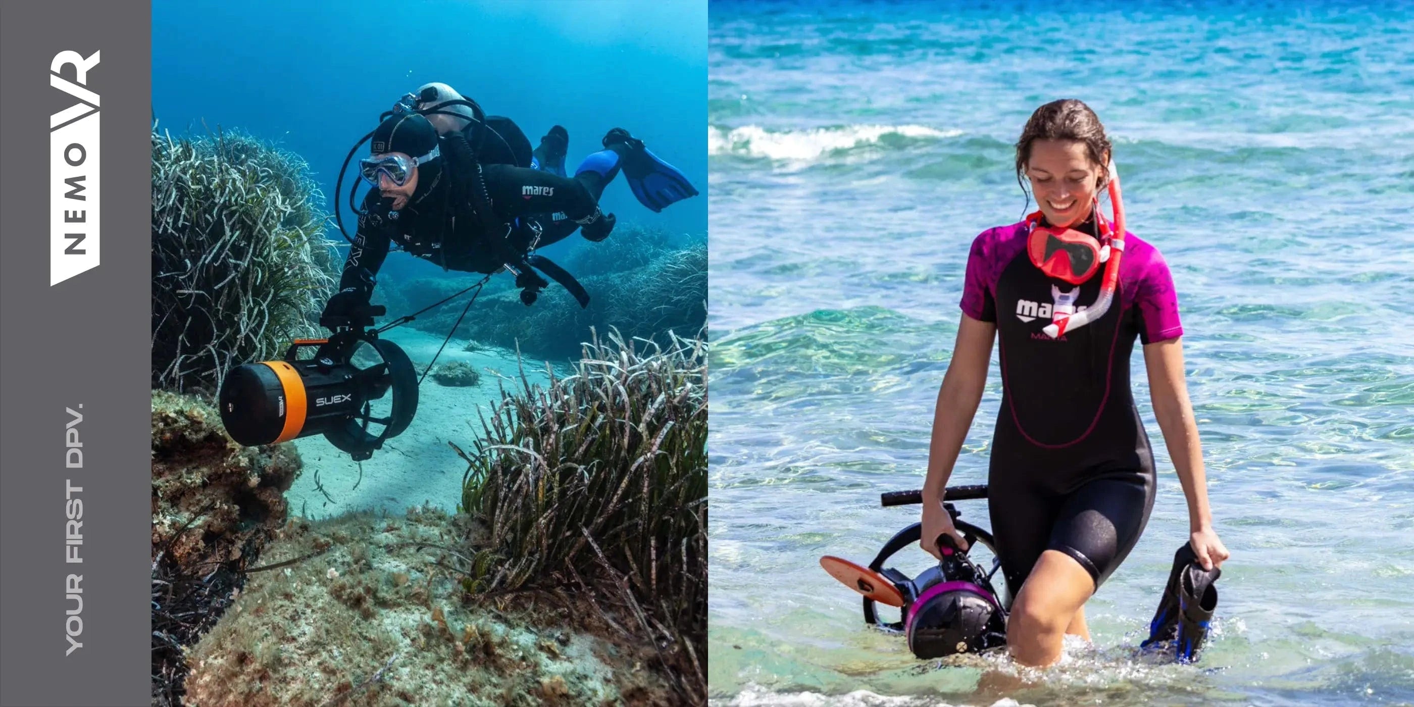 Scuba diver & snorkeler with underwater DPV.