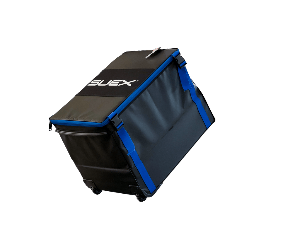 SUEX rolling gear bag with blue accents